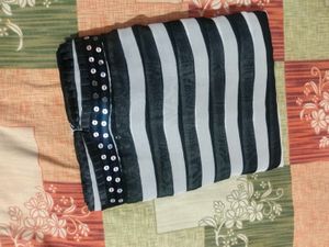 Black &amp; White Striped  Sequined Border Saree