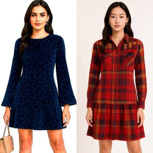 Velvet With Korean Plaid Embroidered Mini Dress