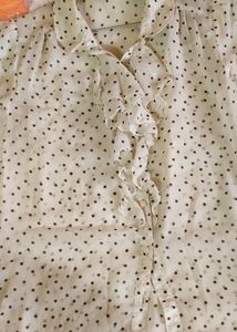 Cute Frilled Polka Print Off White Mesh Shirt