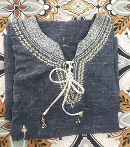 Denim Print Embroidered Cotton Kurti M-l