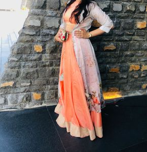 Peach Halter Crop Top &amp; Skirt Set With A Jacket