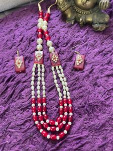 Red & Pearl Beaded Necklace & Earrings Set