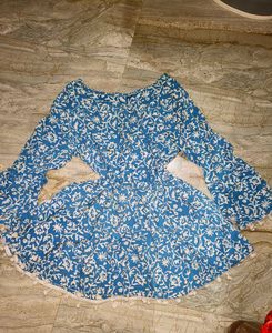 Blue Floral Tiered Top with Pom-Pom Trim