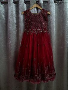Red Embellished Girls' Dress With Jacket