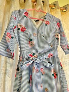 Blue White Striped Midi Dress With Belt