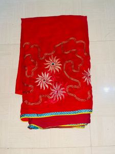 Elegant Red Embroidered Saree🔥