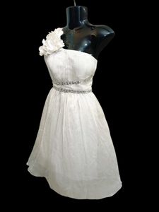 White One-Shoulder Party Dress Stretchy Bust-Waist