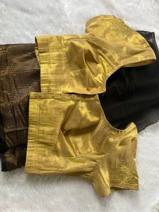 Black &amp; Golden Border Silk Saree + Blouse