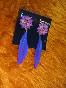 Purple Flower Feather Earrings