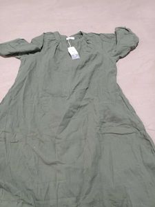 Olive Green Casual Midi Dress, L Size