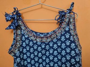 Blue Floral Knot-Sleeve Ethnic Top