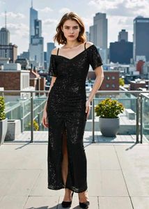 Cold Shoulder Sequined Ruched Maxi Split Dress