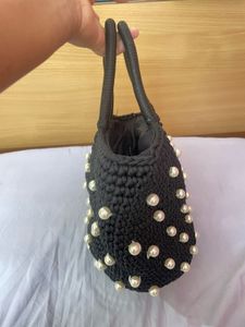 Black Crochet Pearl Embellished Bag