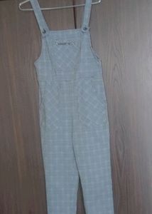 check printed square neck strap jumpsuit