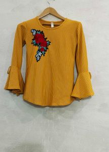 Striped Floral Embroidered Bell Sleeve Top