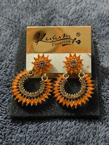 Bright Orange Floral Hoop Earrings with Gold Finis