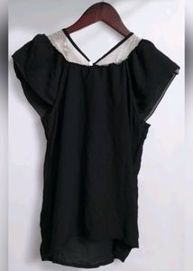 Black Sheer Ruffled Top with Keyhole Neckline