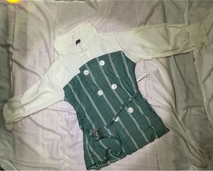 Two-Tone Collared Button-Detail Tunic Top