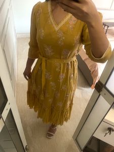 mustard  Ethnic dress  with hand embroidery