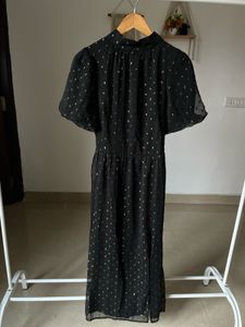 Metallic Polkadot Puff Sleeve Midi Dress