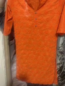 Orange Embroidered chicken work Kurta