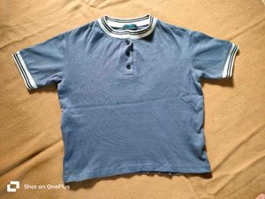 Blue Henley T-Shirt with Striped Trim