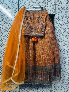 Mustard Heavy Crop Top With Skirt