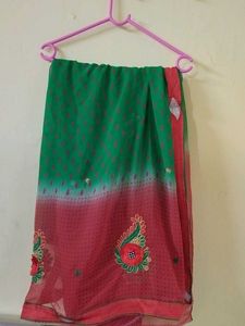 Green And Red Coloured Saree With Embroidery Work