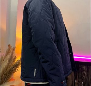 Navy Quilted Button-Up Jacket