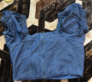 Denim Puff Sleeve Crop Top