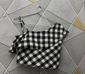 Gingham One-Shoulder Ruffle Top