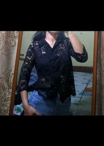 Black Lace Button Up Top