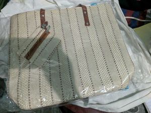 Woven Stripe Tote Bag with Pouch