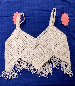 White Crochet Fringe Crop Top