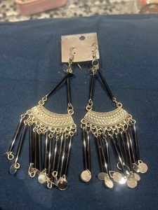 Indo Western Silver And Black Earrings