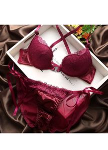 Wine Red Push Up Back Lace Bra Underwear Set