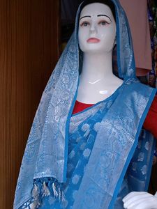 Elegant Blue Sari with Silver Accents