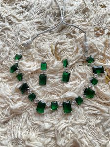 Square Cut Diva Emerald Green AD Necklace