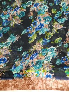 Dark Navy Blue Floral Printed Silky Border Saree