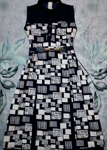 Abstract Printed Navy Blue Dress with Belt