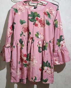 Pink Floral Print Ruffle Sleeve Top
