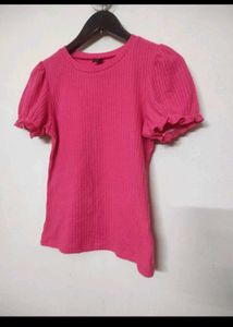 Pink Ribbed Puff Sleeve Top - Shein
