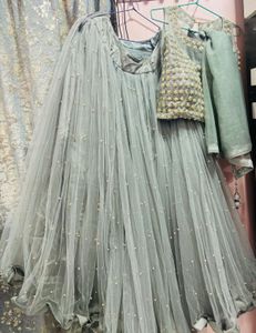 Pearls Detailing Grey Crop Top And Skirt