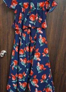 Navy Blue Floral Cold-Shoulder Layered Gown