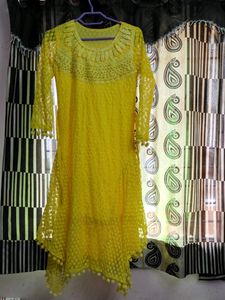 Yellow Colour Lace Dress With Pompom