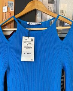 Zara Pointelle Blue Stretch Cold Shoulder Bodycon