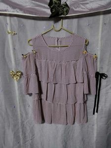 Gingham Ruffle Cold Shoulder Top