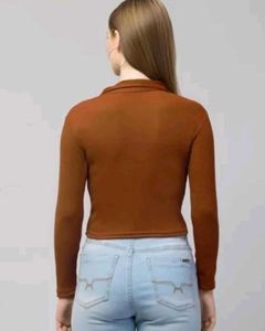 Brown V-Neck Long Sleeve Top