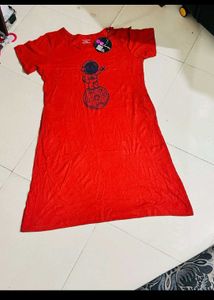 Clovia Red Astronaut Graphic T-Shirt Dress