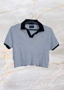 Grey Half Sleeve Crop Top With Collar